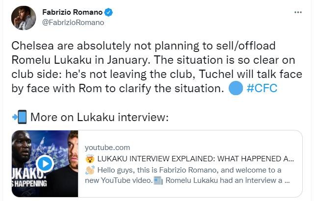 罗马诺：切尔西绝对无意让卢卡库离开 图赫尔将和他面对面谈话