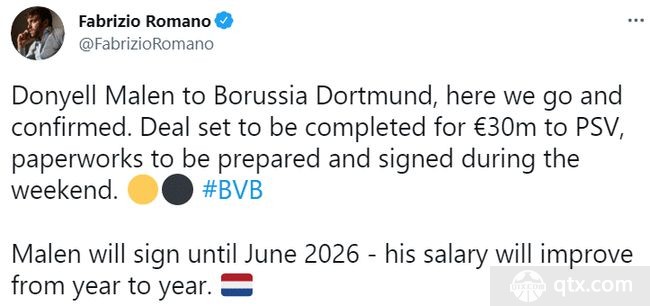 罗马诺透露马伦将在本周末签约多特