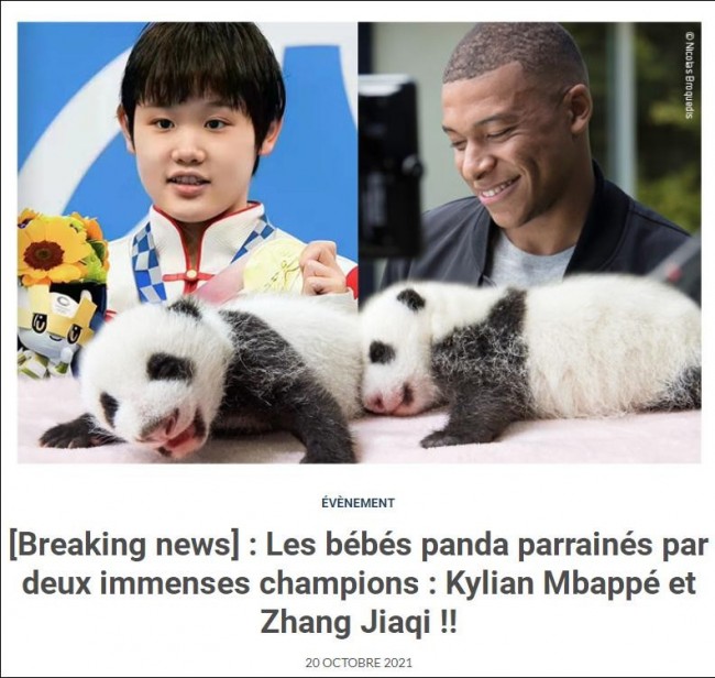 姆巴佩与张家齐将成为旅法熊猫命名人