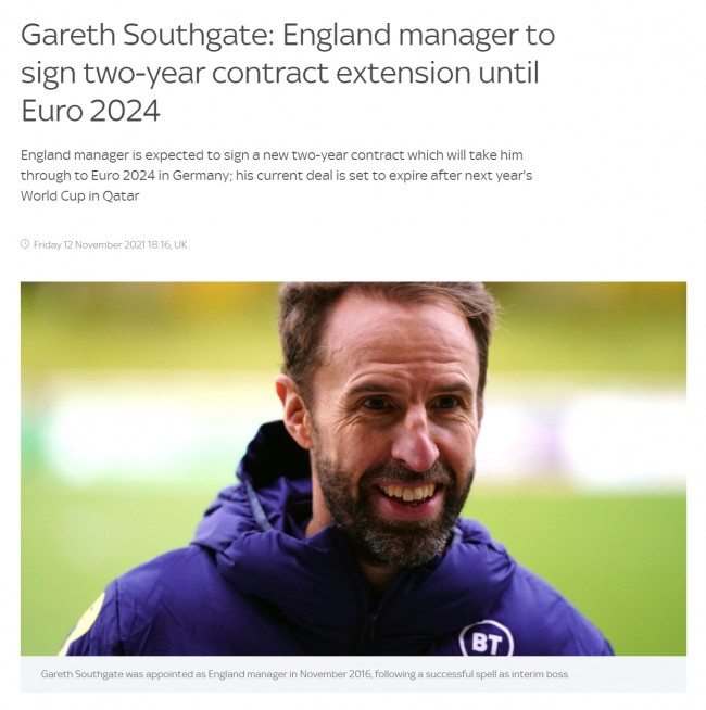 英格兰将与索斯盖特续约至2024年