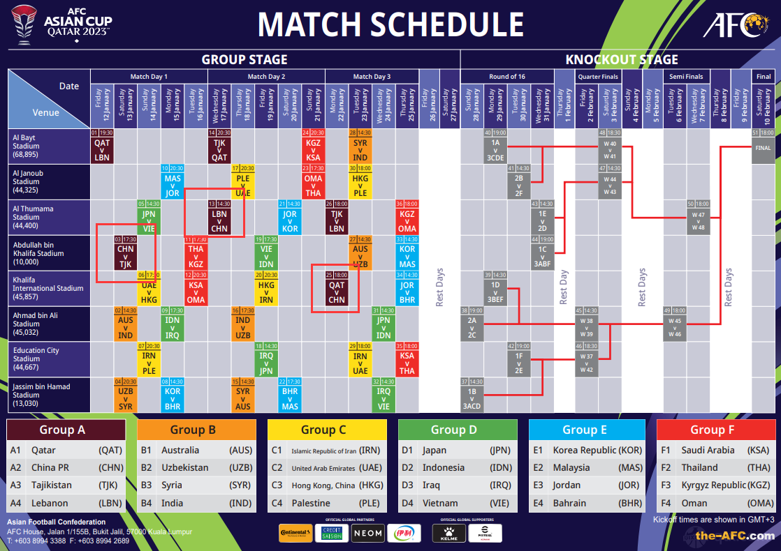 国足亚洲杯赛程时间表