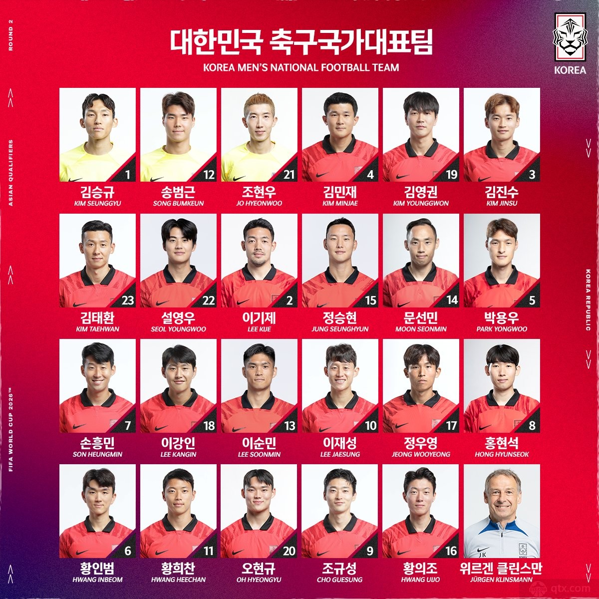 韩国队世预赛大名单