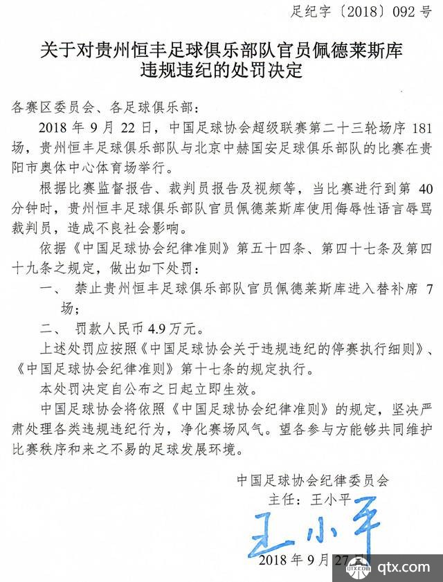 足协官方：贵州主帅佩特莱斯库因辱骂裁判被禁赛7场