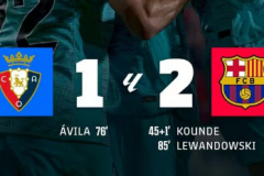 西甲赛况：巴萨2-1奥萨苏纳 阿维拉世界波莱万点射+造红牌