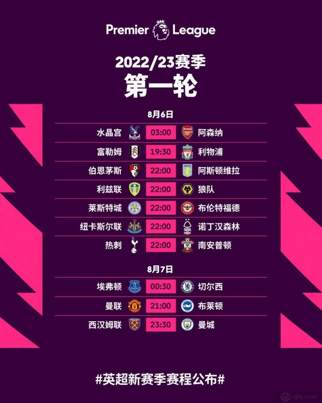 2022-2023赛季英超第一轮赛程对阵表