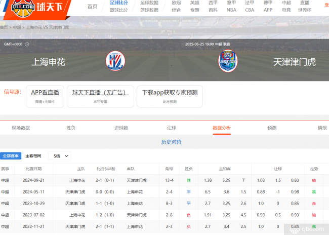 上海申花vs天津津门虎电视直播吗？