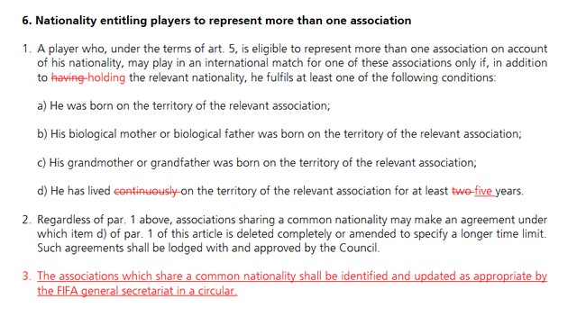 FIFA或将修改归化球员条例