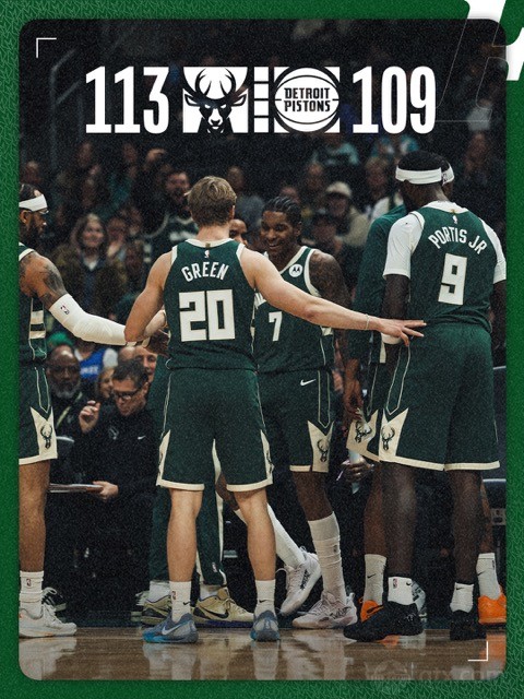 雄鹿主场113-109险胜活塞