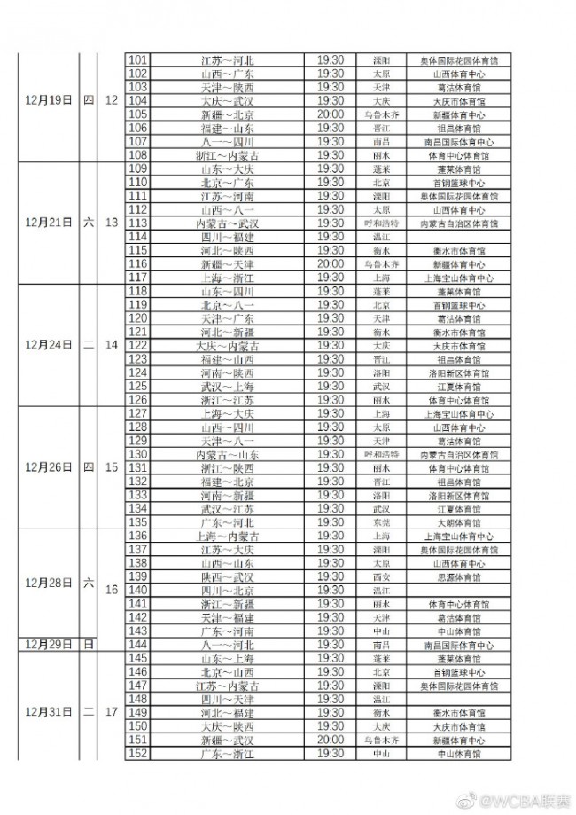 2019-2020WCBA赛程