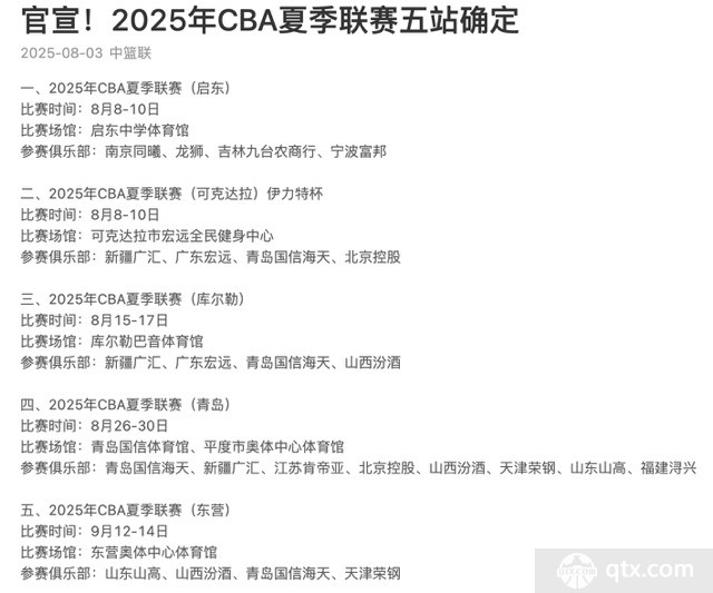 CBA夏季联赛日程安排公布