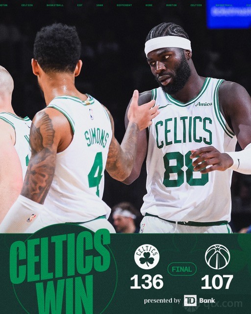 凯尔特人主场136-107轻取奇才