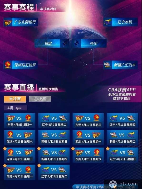 CBA半决赛赛程公布 4月8日揭开战幕