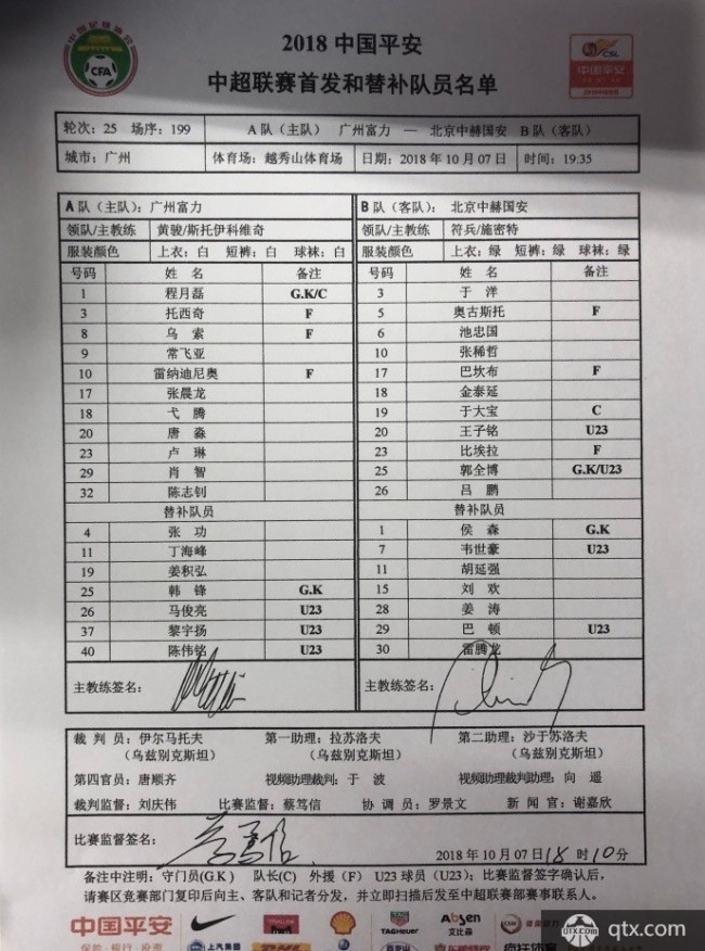 广州富力vs北京国安首发名单