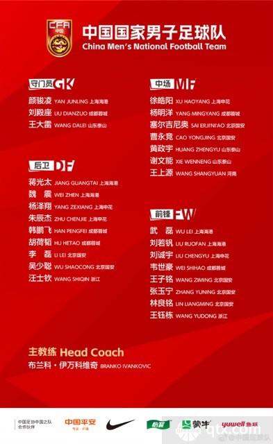 中国队6月份世预赛名单