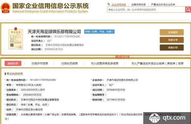 企业公示系统显示：天津权健队改名天津天海