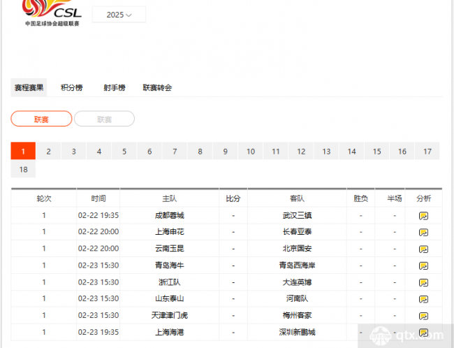 2025中超第一轮赛程转播时间表
