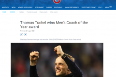 2020-21赛季欧足联年度最佳教练 图赫尔击败曼奇尼、瓜迪奥拉