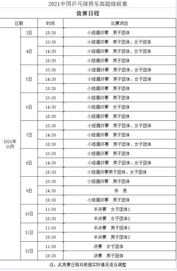 2021乒超联赛赛程时间表