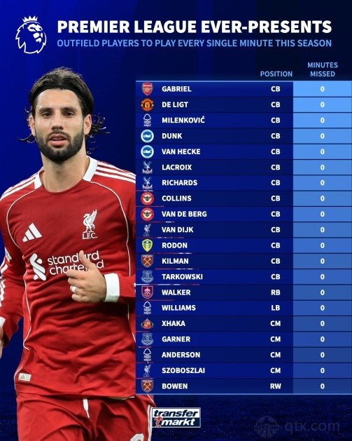 本赛季英超非门将全勤榜