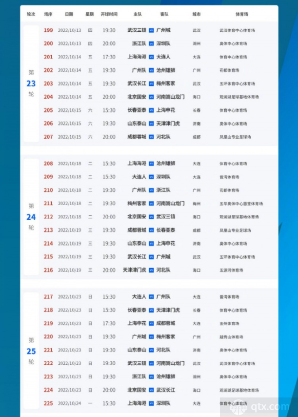 2022中超剩余赛程