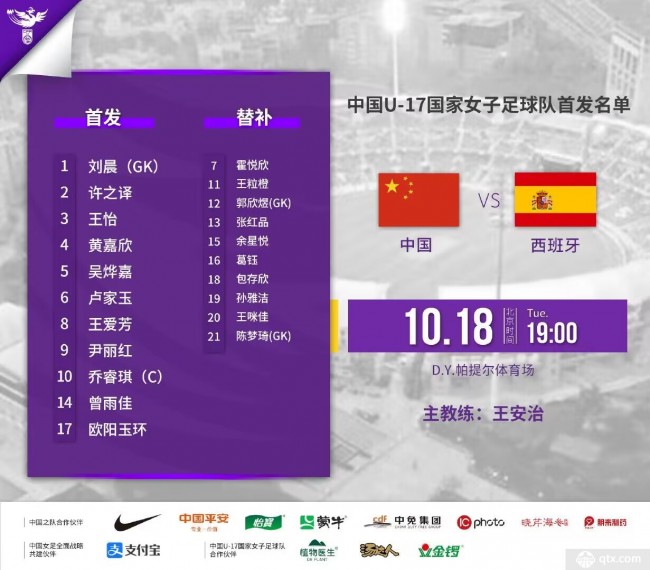 中国U17女足vs西班牙首发出炉
