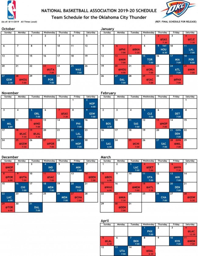 2019-2020NBA常规赛雷霆赛程
