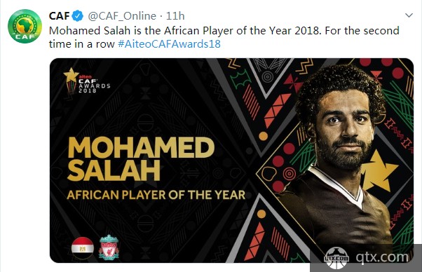萨拉赫连续第二年当选非洲足球先生
