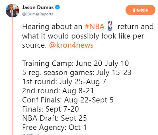 NBA赛季恢复时间表曝光