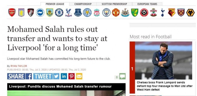 萨拉赫表示他想长留利物浦