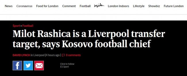 科索沃足协主席确认利物浦有意拉希察