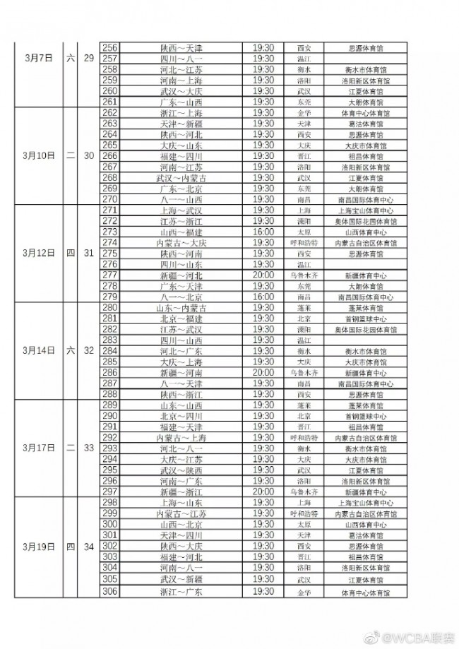 2019-2020WCBA赛程