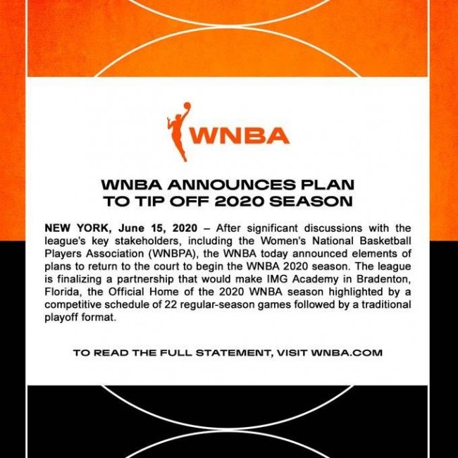 WNBA常规赛缩减为22场并将在7月下旬开战
