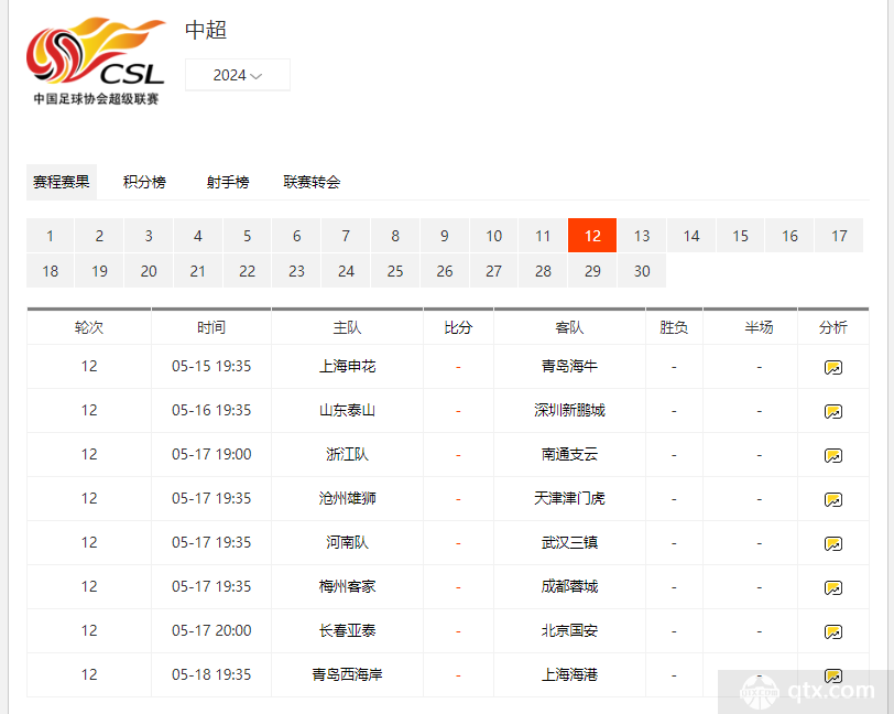 中超第12轮赛程