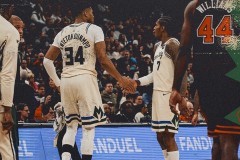 NBA常规赛雄鹿客场112-103力克公牛 字母哥复出29+8 罗林斯20+7+5