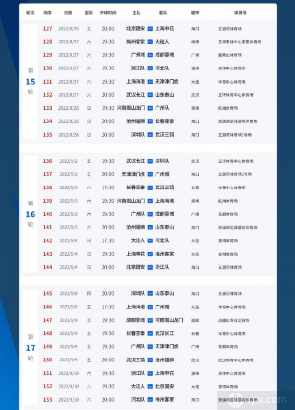 2022中超剩余赛程