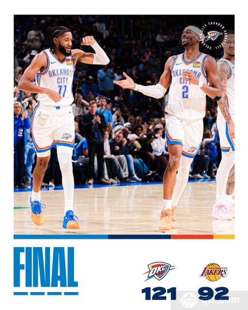 湖人客场92-121惨败雷霆