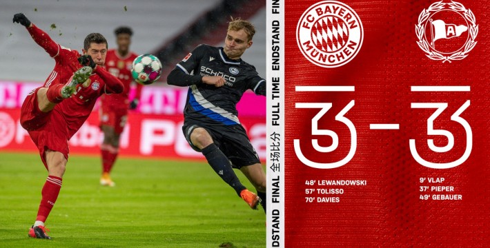 德甲第21轮 拜仁慕尼黑3-3比勒菲尔德全场集锦