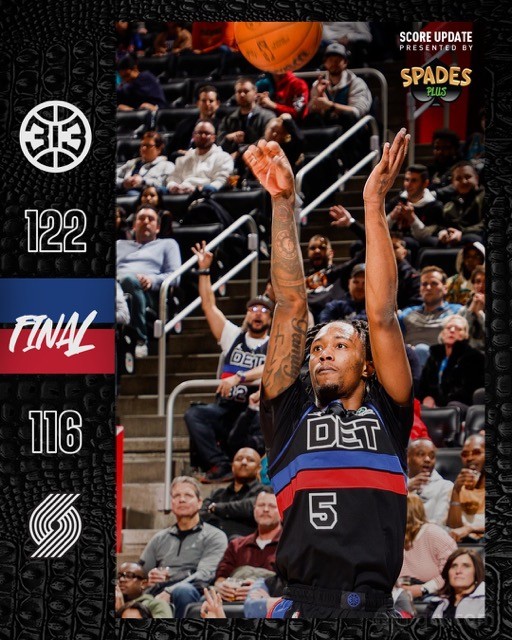 开拓者客场116-122不敌活塞