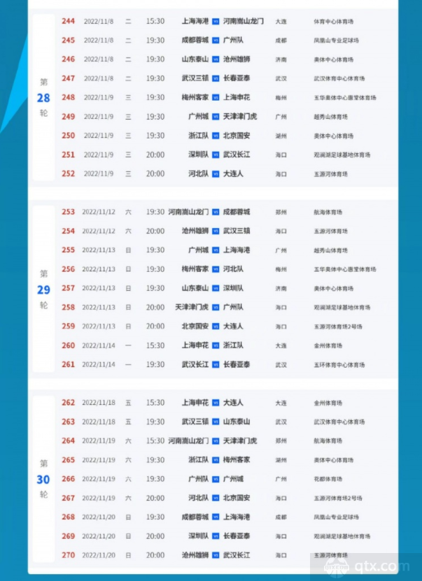 2022中超剩余赛程