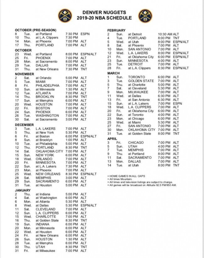 2019-2020NBA常规赛掘金赛程