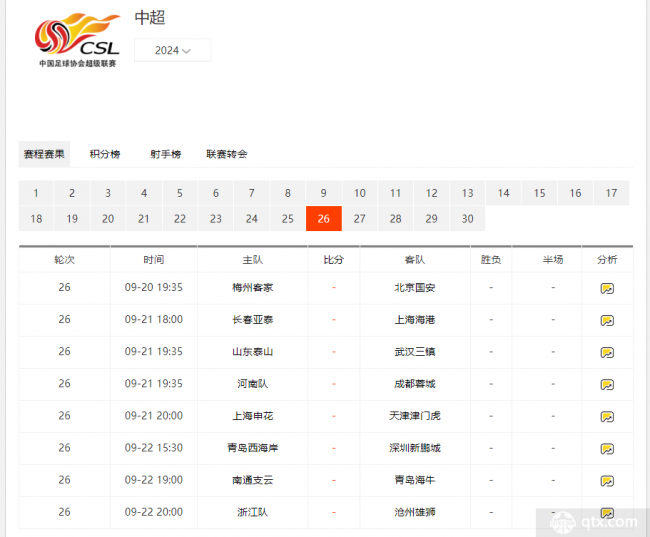 中超第26輪賽程表速遞