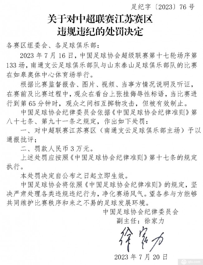 中超联赛江苏赛区被罚