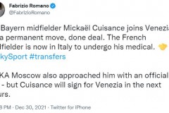 罗马诺：屈桑斯转会威尼斯的交易已完成 球员将在接下来几小时内签约