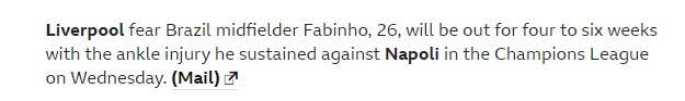 法比尼奥或伤缺4-6周