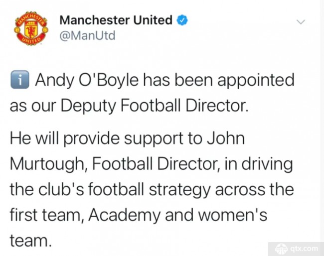 曼联新任足球副总监安迪-奥博伊尔(Andy O’Boyle)