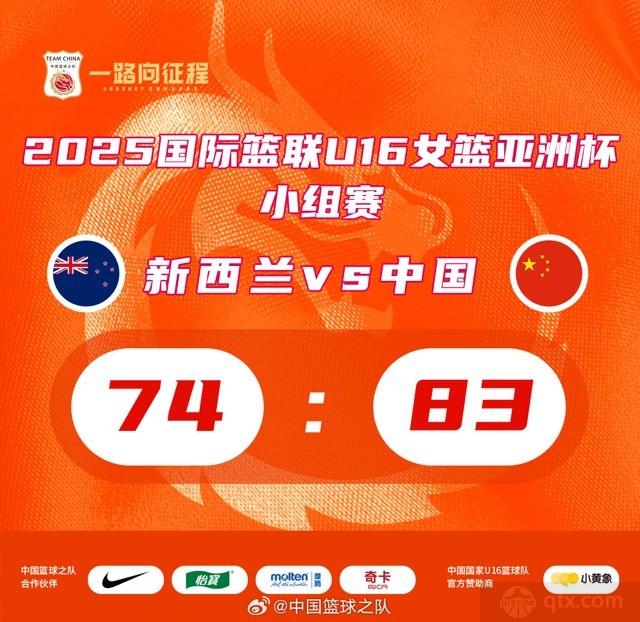 中国U16女篮83-74新西兰