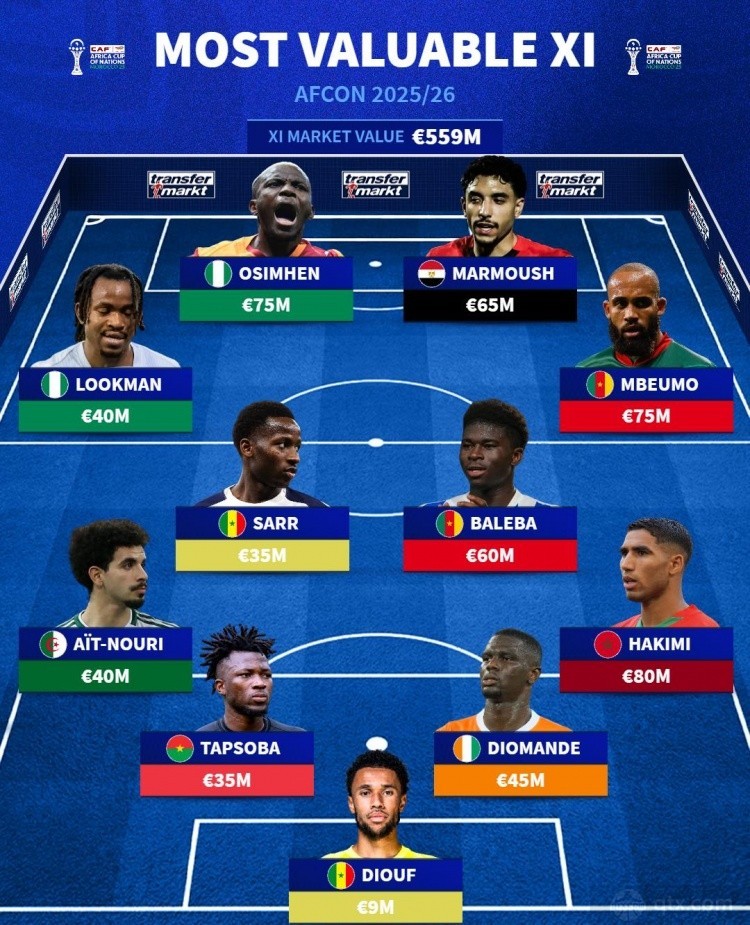 非洲杯身价最高阵容11人名单