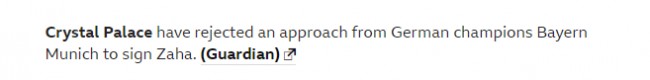 水晶宫拒绝了拜仁对扎哈的报价
