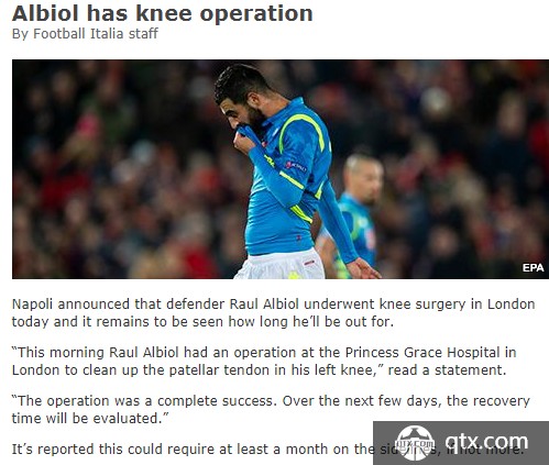 阿尔比奥尔已接受膝盖手术
