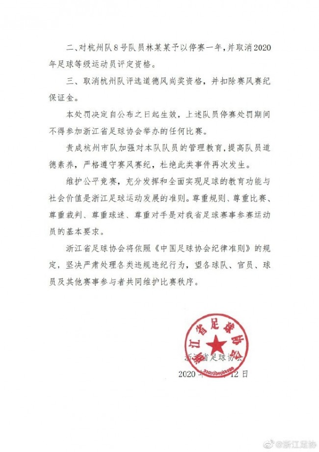 浙江足协惩罚通告
